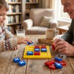 A young boy and his grandfather smiling and playing the KidNzo 3D Tic Tac Toe board game together on a wooden coffee table, using chunky blue and red blocks.