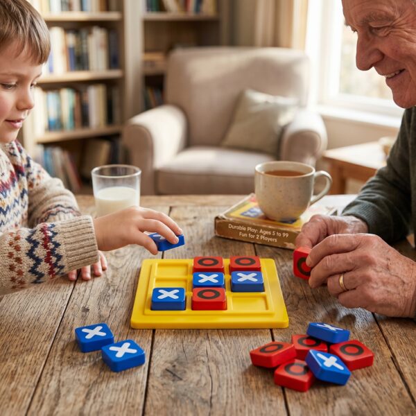 A young boy and his grandfather smiling and playing the KidNzo 3D Tic Tac Toe board game together on a wooden coffee table, using chunky blue and red blocks.