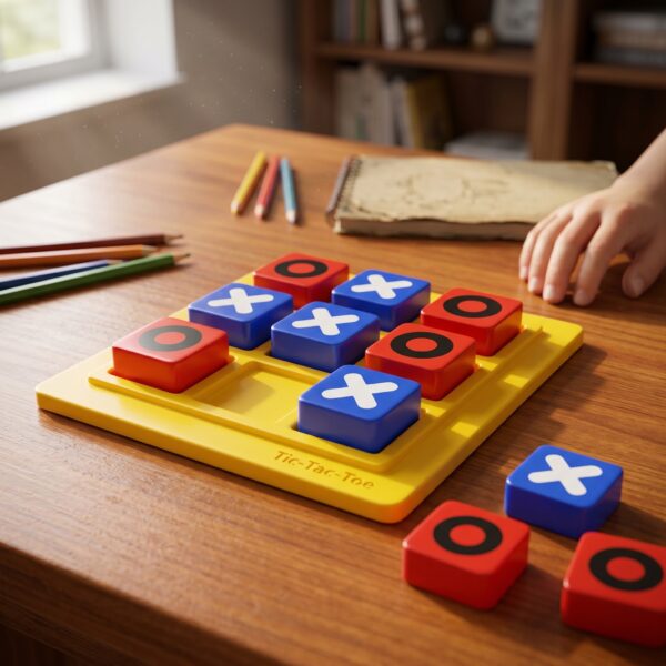 A young boy and his grandfather smiling and playing the KidNzo 3D Tic Tac Toe board game together on a wooden coffee table, using chunky blue and red blocks.