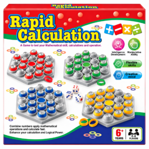 Rapid Calculation math board game for kids age 6+ with colorful number boards, rings and dice