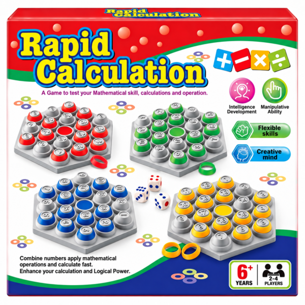 Rapid Calculation math board game for kids age 6+ with colorful number boards, rings and dice