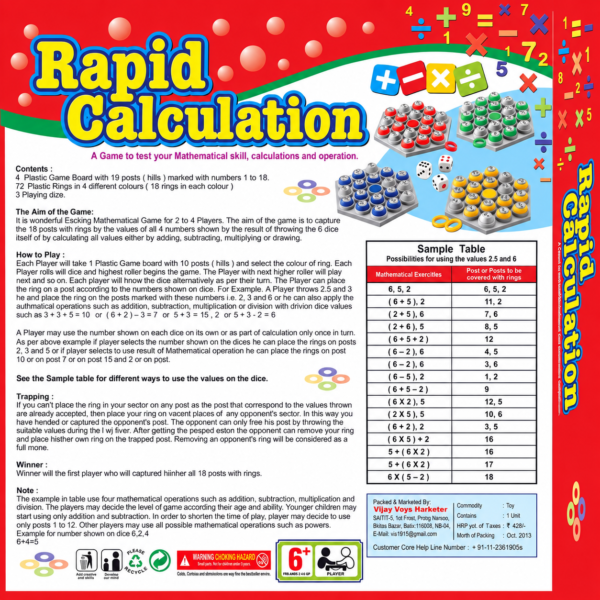 Rapid Calculation educational math board game for kids age 6+ with number boards, rings and dice