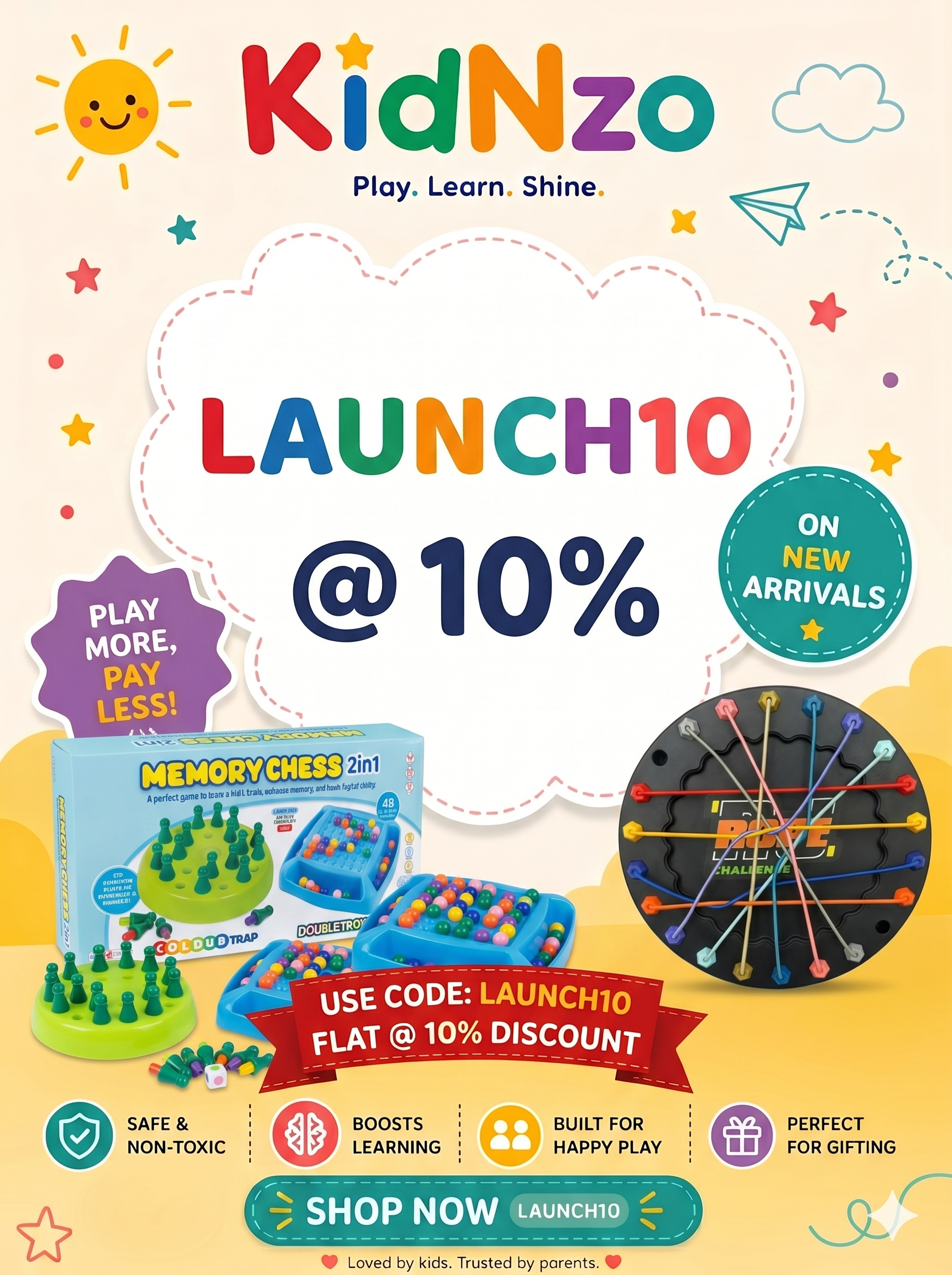 KidNzo educational toy promotional banner featuring Memory Chess 2in1 and Rope Challenge games on a cream background, highlighting a flat 10% discount launch offer with the code LAUNCH10.