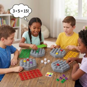 Four children laughing and playing the KidNzo Rapid Calculation math board game, using dice and colorful rings on grey numbered boards to solve equations.