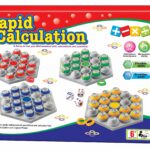 Four children laughing and playing the KidNzo Rapid Calculation math board game, using dice and colorful rings on grey numbered boards to solve equations.