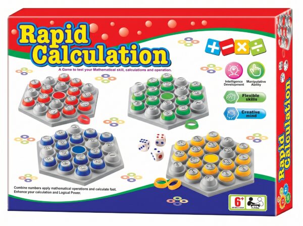 Four children laughing and playing the KidNzo Rapid Calculation math board game, using dice and colorful rings on grey numbered boards to solve equations.