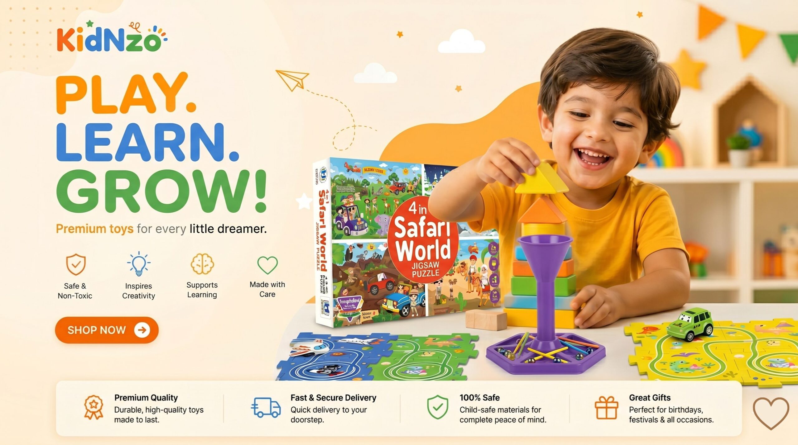 KidNzo promotional homepage banner featuring a smiling toddler playing with educational toys, including a Safari World puzzle and stacking blocks, alongside the tagline "Play. Learn. Grow! Premium toys for every little dreamer."