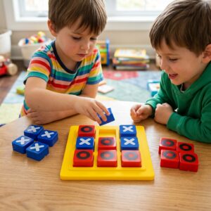 A young boy and his grandfather smiling and playing the KidNzo 3D Tic Tac Toe board game together on a wooden coffee table, using chunky blue and red blocks.