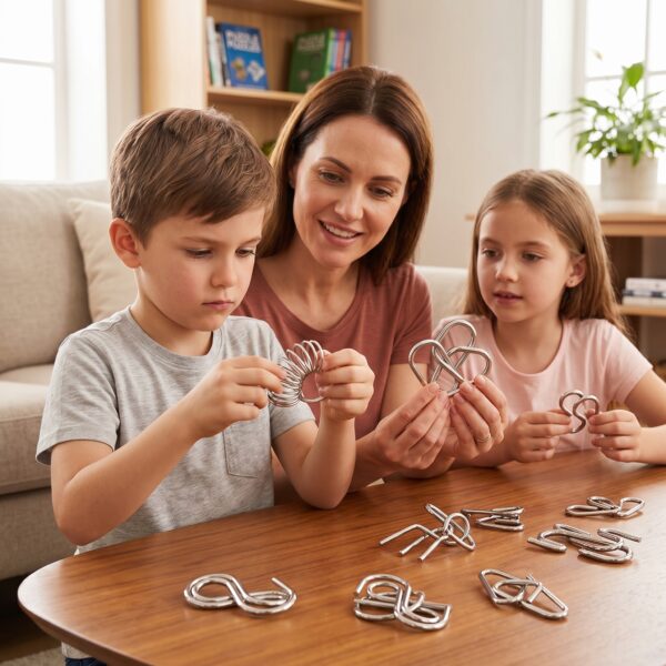 A mother and her two young children sitting in a living room, smiling and working together to untangle KidNzo silver metal wire brain teaser puzzles.