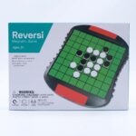 A happy family of four sitting in their living room, smiling and playing the KidNzo Magnetic Reversi strategy board game together on a wooden coffee table.