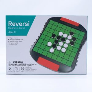 A happy family of four sitting in their living room, smiling and playing the KidNzo Magnetic Reversi strategy board game together on a wooden coffee table.