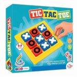 A young boy and his grandfather smiling and playing the KidNzo 3D Tic Tac Toe board game together on a wooden coffee table, using chunky blue and red blocks.