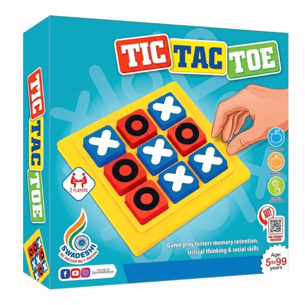A young boy and his grandfather smiling and playing the KidNzo 3D Tic Tac Toe board game together on a wooden coffee table, using chunky blue and red blocks.