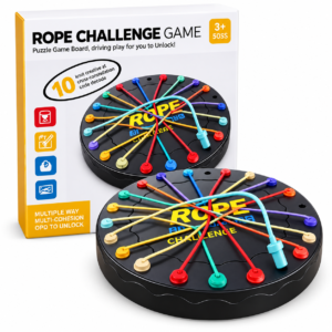 Rope Challenge puzzle game for kids age 3+ with colorful ropes and black game board