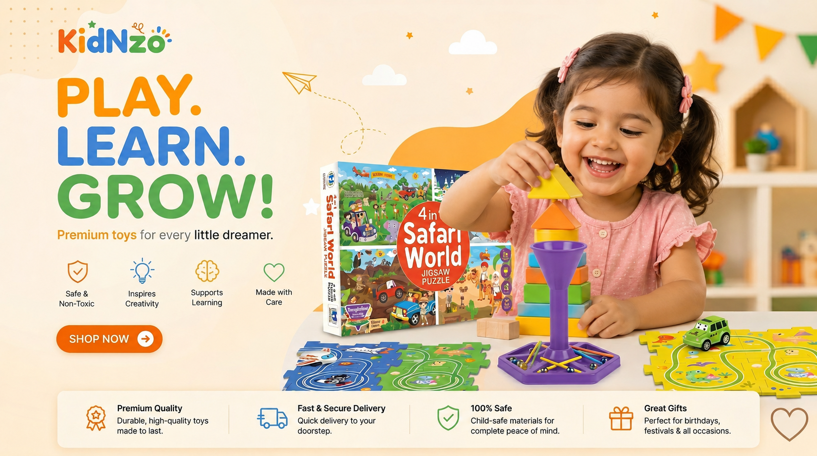 Happy little girl playing with colorful educational toys and KidNzo Safari World Jigsaw Puzzle, promoting learning, creativity, and child development through play.