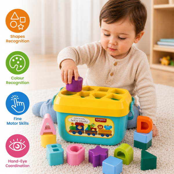 Toddler using KidNzo educational shape sorter toy for shape and colour recognition