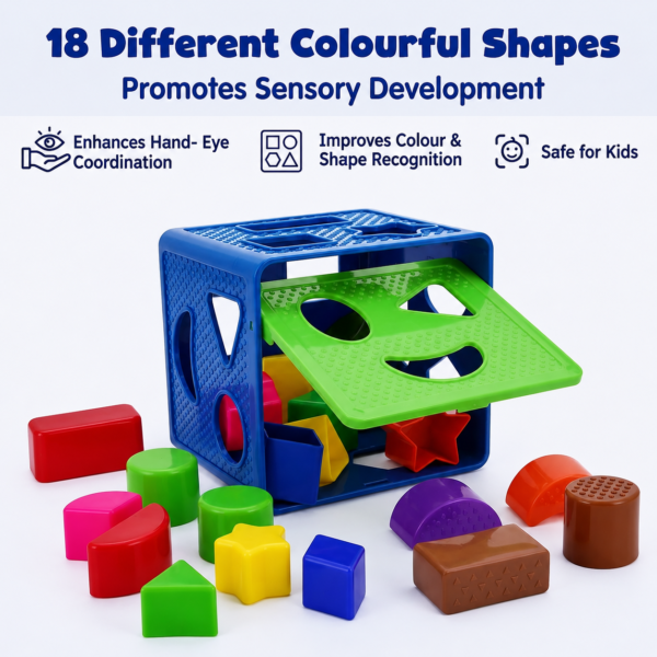 18 colourful geometric pieces included with KidNzo sorting cube
