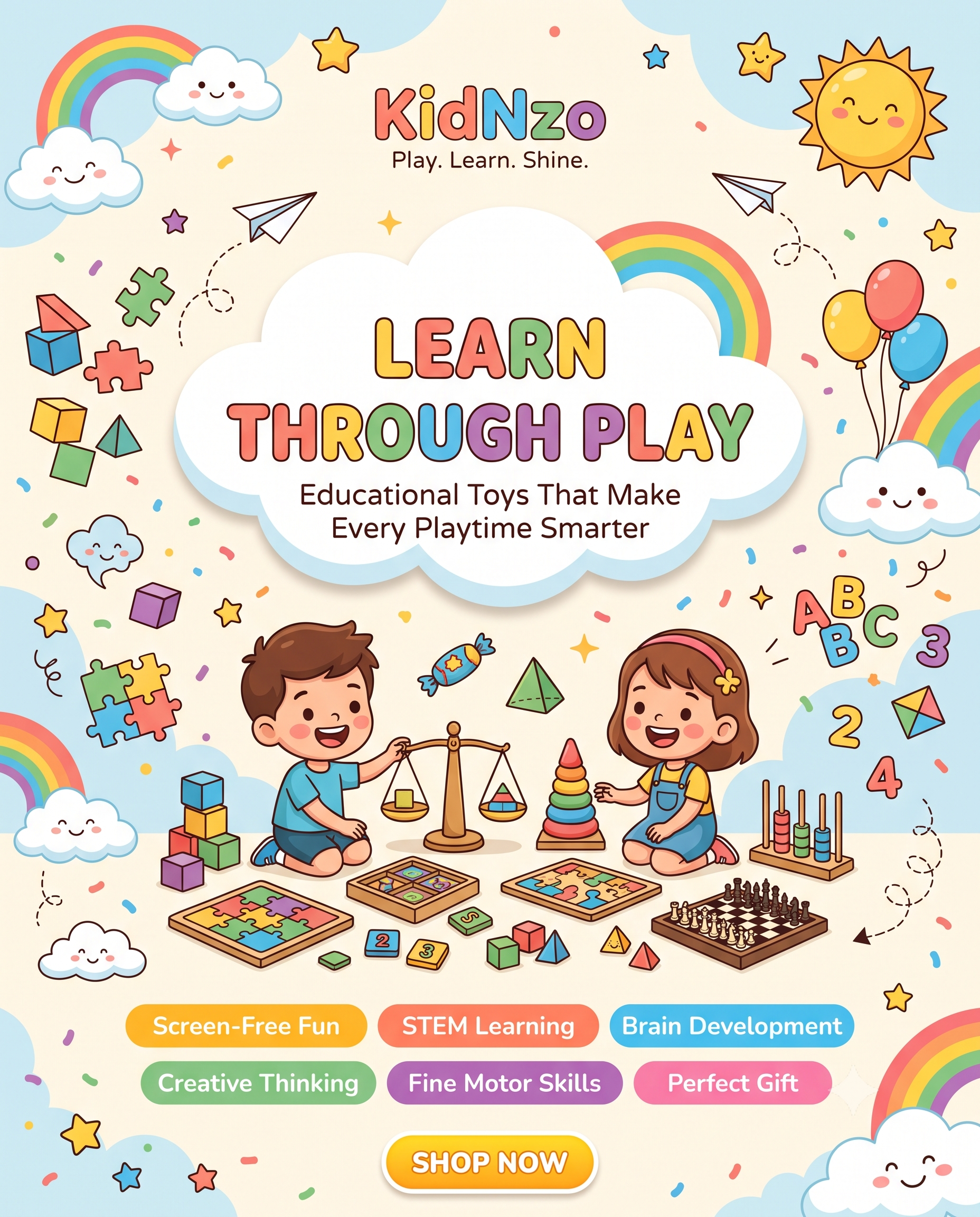 Colorful KidNzo educational toys banner featuring happy children learning through puzzles, memory games, balancing games, STEM toys, and brain development activities.