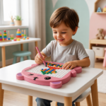 Young child using a colorful magnetic drawing board for creative learning
