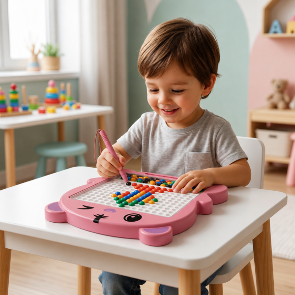 Young child using a colorful magnetic drawing board for creative learning
