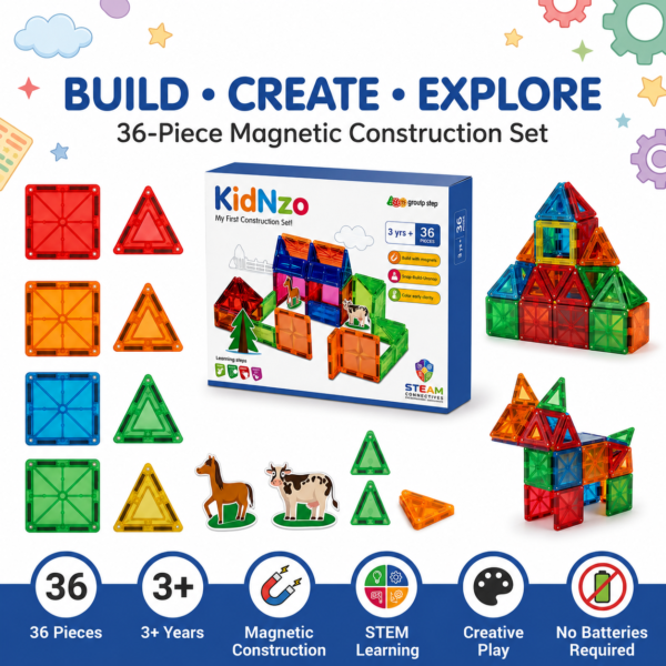 KidNzo 36 piece magnetic STEM building toy with construction and creative play features