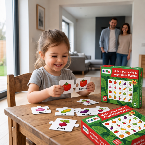 Child playing with KidNzo fruits and vegetables matching puzzle