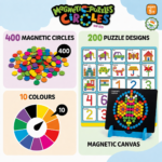 KidNzo Magnetic Puzzles Circles featuring 400 magnetic circles, 10 colours and 200 puzzle designs