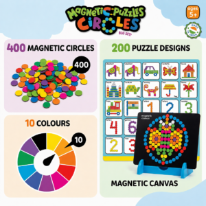 KidNzo Magnetic Puzzles Circles featuring 400 magnetic circles, 10 colours and 200 puzzle designs
