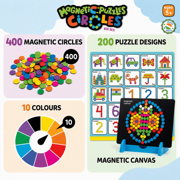 KidNzo Magnetic Puzzles Circles featuring 400 magnetic circles, 10 colours and 200 puzzle designs