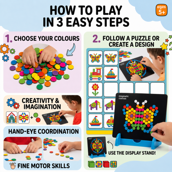 KidNzo Magnetic Puzzles Circles showing how children create designs using colourful magnetic pieces