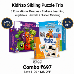 KidNzo Sibling Puzzle Trio combo featuring Educational Vegetable Puzzle, Animals Puzzle, and Shadow Matching Puzzle for kids aged 2+