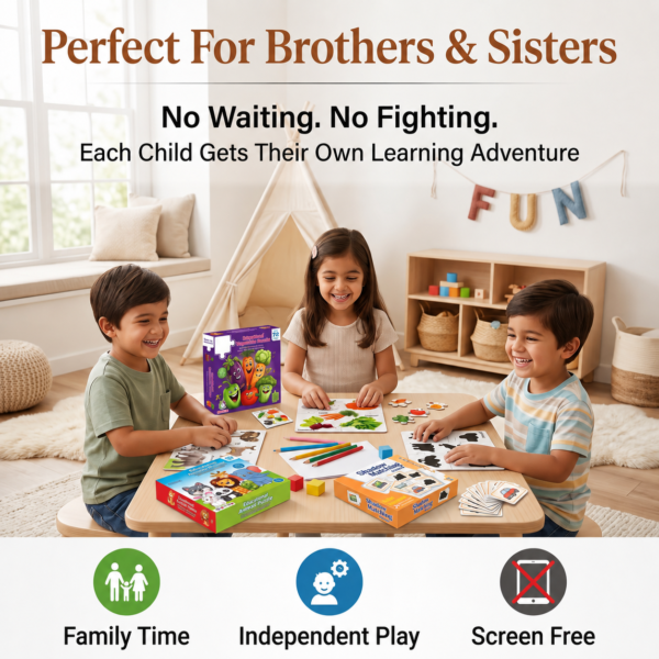 Children enjoying KidNzo Sibling Puzzle Trio together, promoting independent learning, family bonding, and screen-free play