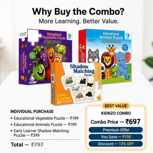 KidNzo Sibling Puzzle Trio combo offering three educational puzzles with ₹108 savings compared to individual purchase