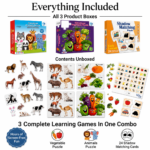 Complete KidNzo puzzle combo showing Vegetable Puzzle, Animals Puzzle, and Shadow Matching Puzzle with all included learning pieces