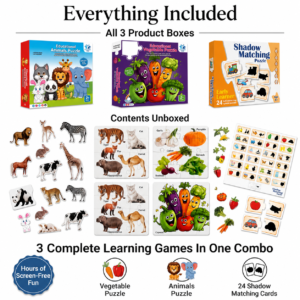 Complete KidNzo puzzle combo showing Vegetable Puzzle, Animals Puzzle, and Shadow Matching Puzzle with all included learning pieces