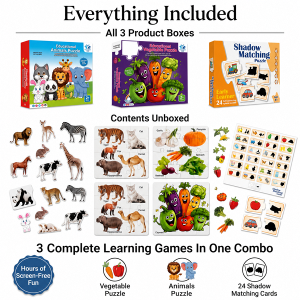 Complete KidNzo puzzle combo showing Vegetable Puzzle, Animals Puzzle, and Shadow Matching Puzzle with all included learning pieces