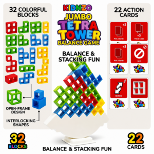 KidNzo Tetra Tower Game with 32 Colorful Blocks and 22 Action Cards