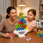 Family Playing KidNzo Tetra Tower Balance Game with Action Cards