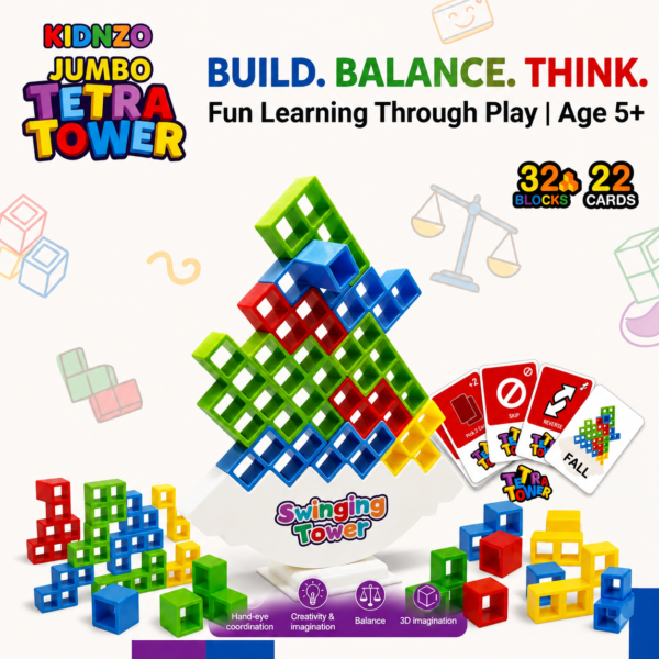 KidNzo Tetra Tower Educational Stacking Game with 32 Blocks and 22 Cards