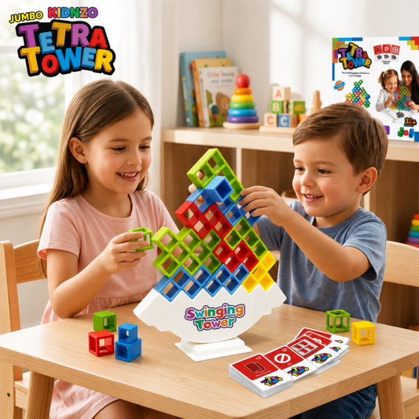 Kids Playing Tetra Tower Balance Stacking Game with Colorful Blocks