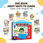 Study Book learning topics for kids including alphabet animals vehicles colours mathematics games and music
