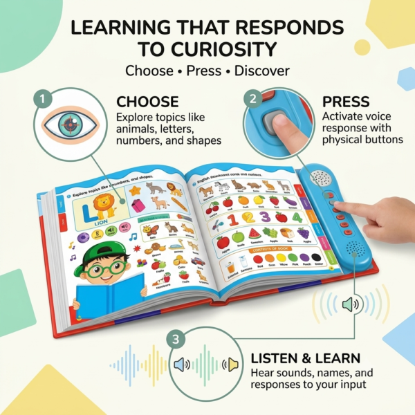 Interactive Study Book how to use guide showing choose press and listen learning steps