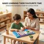 Mother and child using interactive learning study book together at a table
