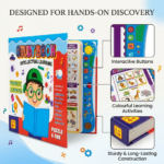 Interactive study book for kids age 4+ showing buttons, colourful learning activities and sturdy construction