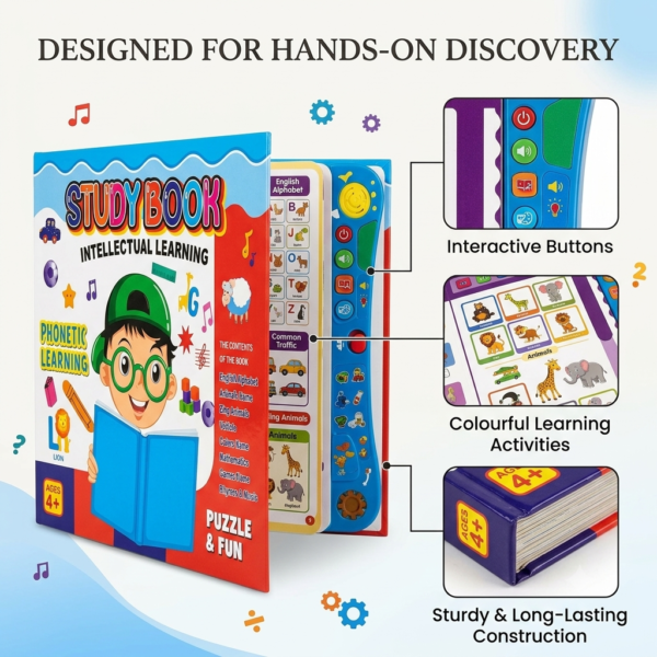 Interactive study book for kids age 4+ showing buttons, colourful learning activities and sturdy construction