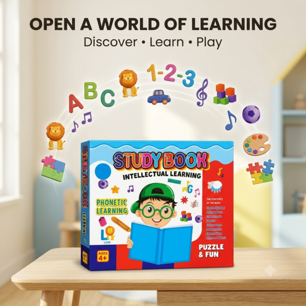 Interactive Study Book for kids with alphabet numbers animals music colours and puzzle learning activities