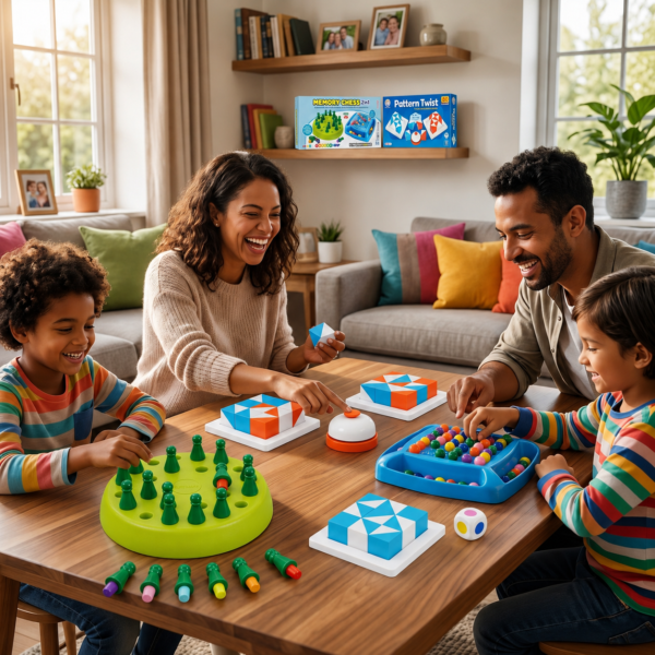 Family playing KidNzo Memory Chess and Pattern Twist screen-free educational games together