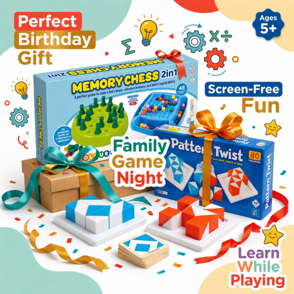 KidNzo Memory Chess 2-in-1 and Pattern Twist educational brain games combo for kids age 5+