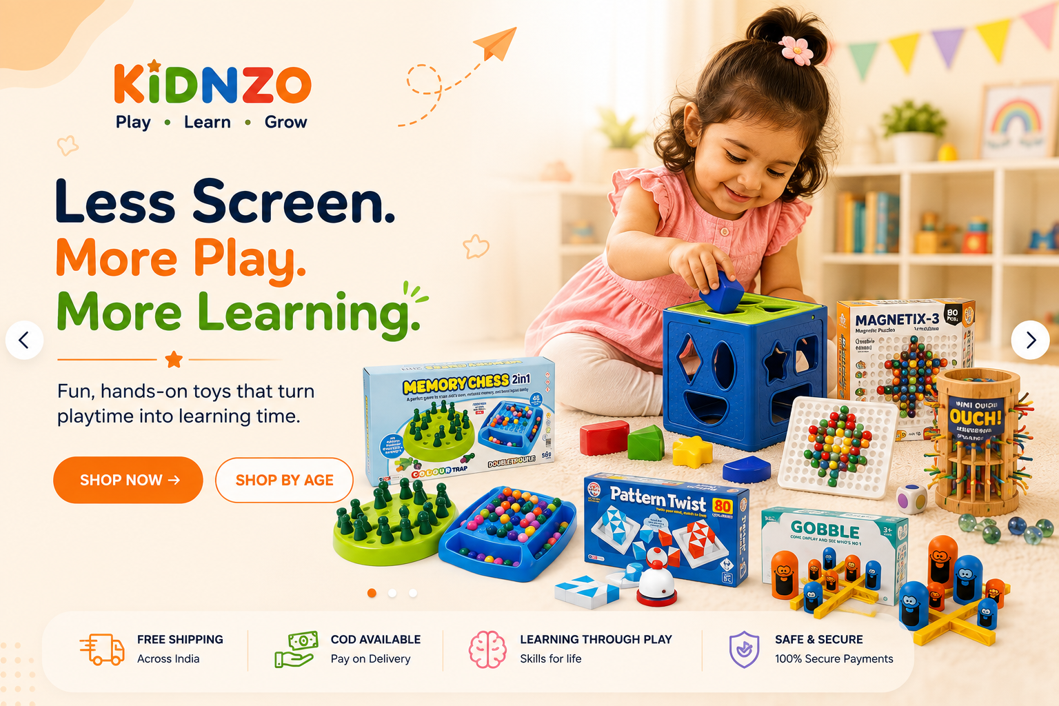 Girl playing with KidNzo educational toys for screen-free learning and skill development